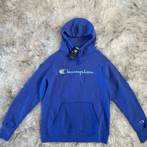 Champion Hoodie size Small Powerblend Fleece Graphic Script Logo Blue Pullover